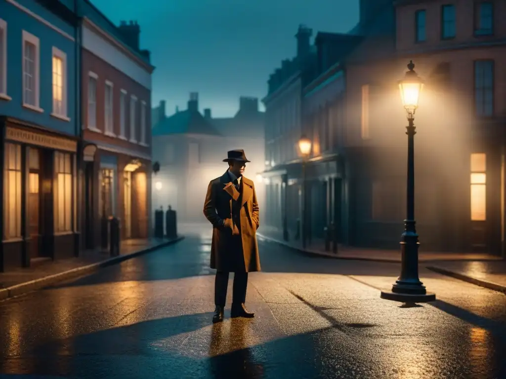 Un detective misterioso bajo la luz de la farola en la lluvia, evocando el ambiente del cine noir