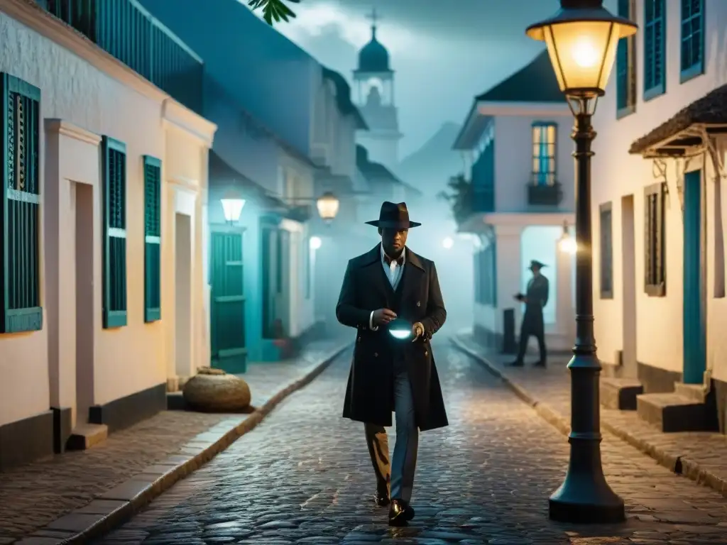 Detective en el Caribe misterioso, bajo la luz de la farola en una calle empedrada, con un sombrero y lupa, rodeado de misterio