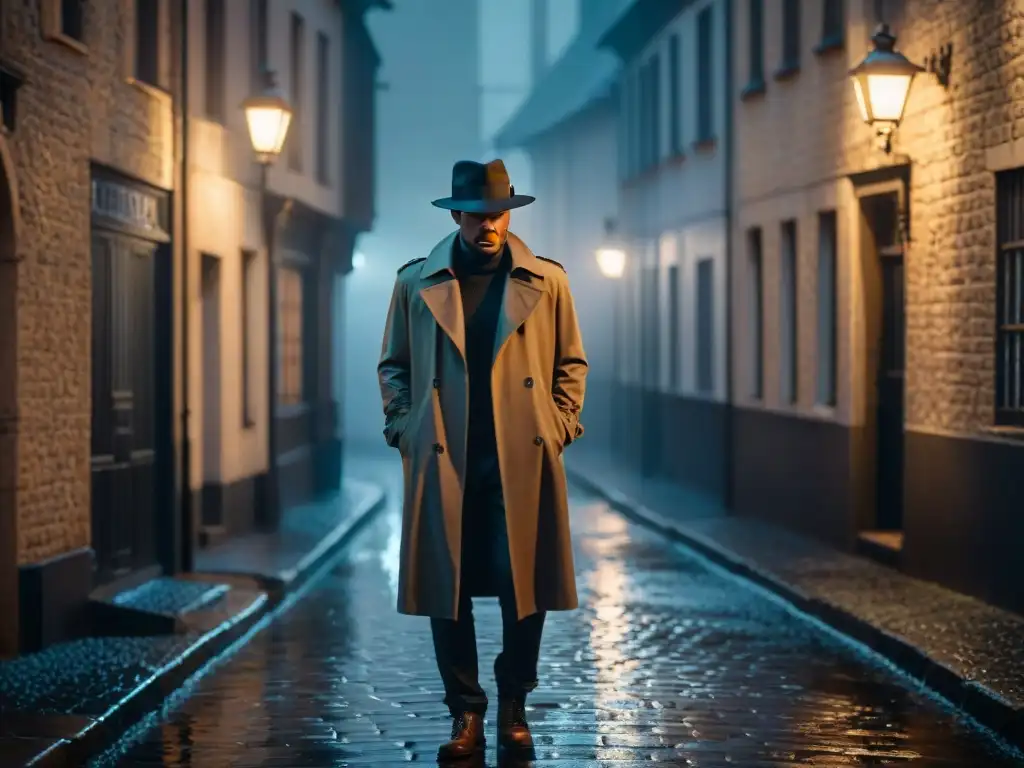 Un detective misterioso bajo la luz de la farola en una calle empedrada lluviosa, evocando misterios internacionales detectives cine