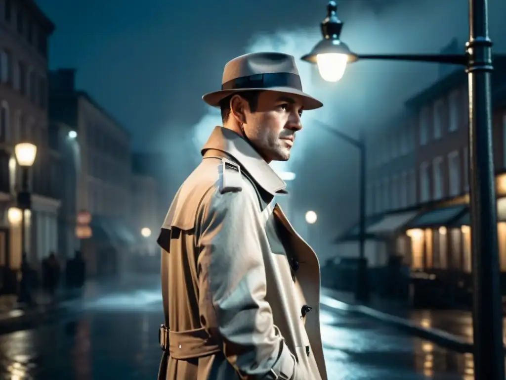 Noche de misterio: detective en la lluvia Un detective misterioso bajo la luz de la farola en una noche lluviosa, reflejando el cine negro detectives siglo XXI