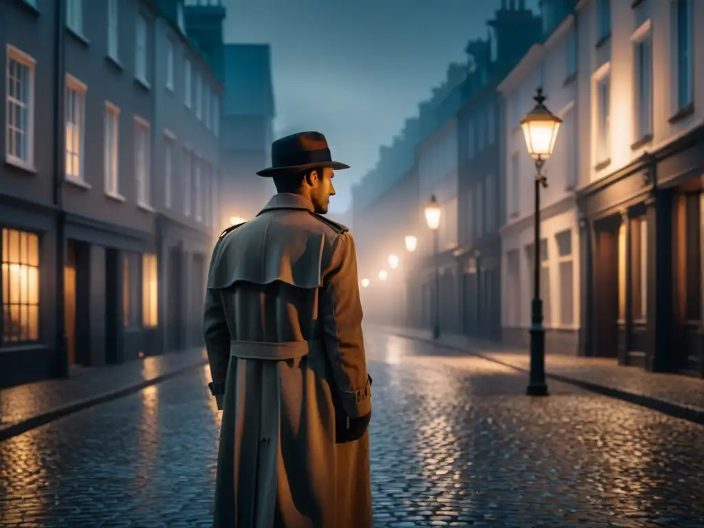 Figura misteriosa en la noche: Estilo Film Noir en misterios nórdicos Un detective misterioso bajo la luz de la farola en una calle desierta