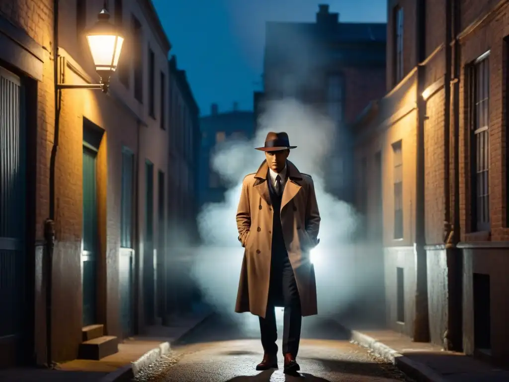 Un detective misterioso bajo la luz de la farola en un callejón desolado, en una atmósfera de suspense