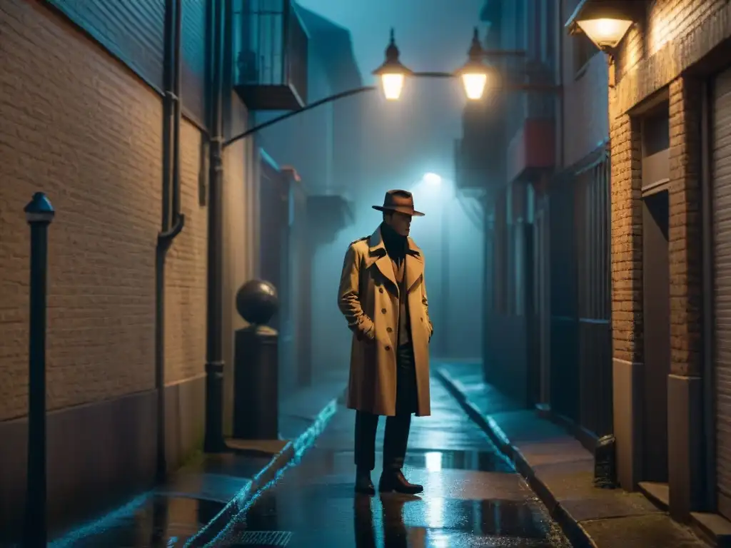 Un detective misterioso bajo la luz de la farola en un callejón oscuro de noche, generando suspense