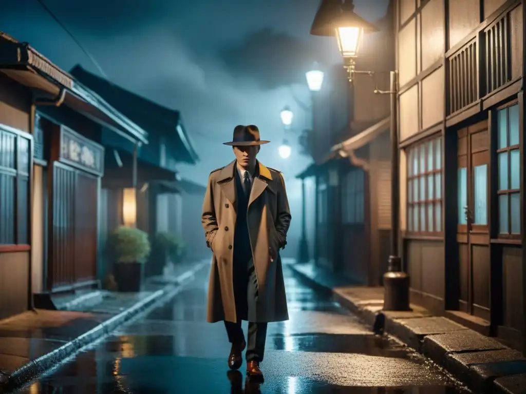 Un detective misterioso bajo la luz de la farola en una calle rural coreana lluviosa