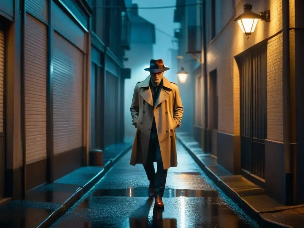 Un detective misterioso bajo la luz de la noche lluviosa