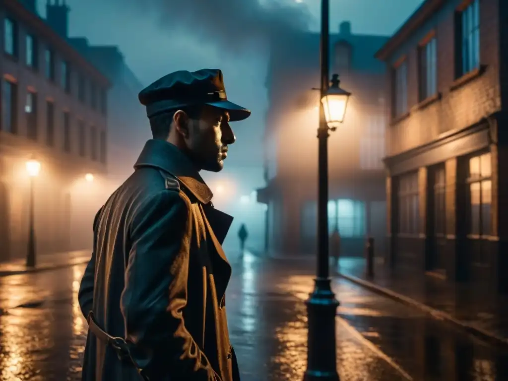 Un detective misterioso bajo la luz tenue de una farola en una noche lluviosa, en una escena urbana y sombría de producción noir clásico curiosidades