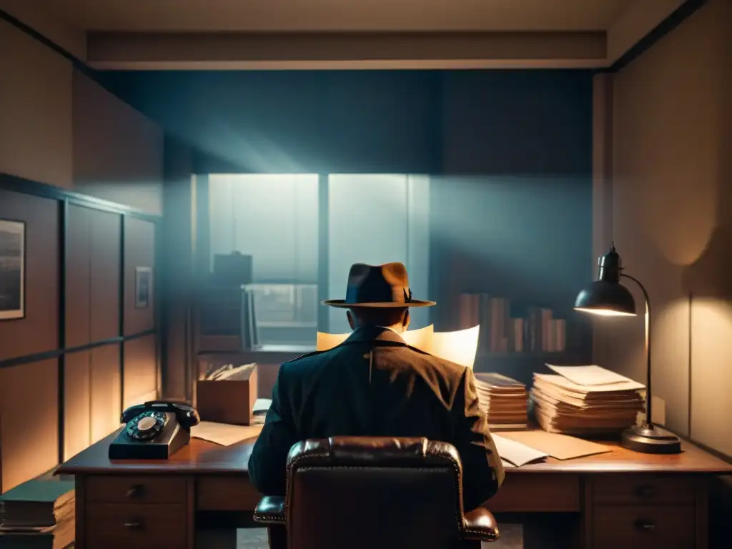 Detective misterioso: escena Film Noir en oficina Un detective misterioso en una oficina sombría