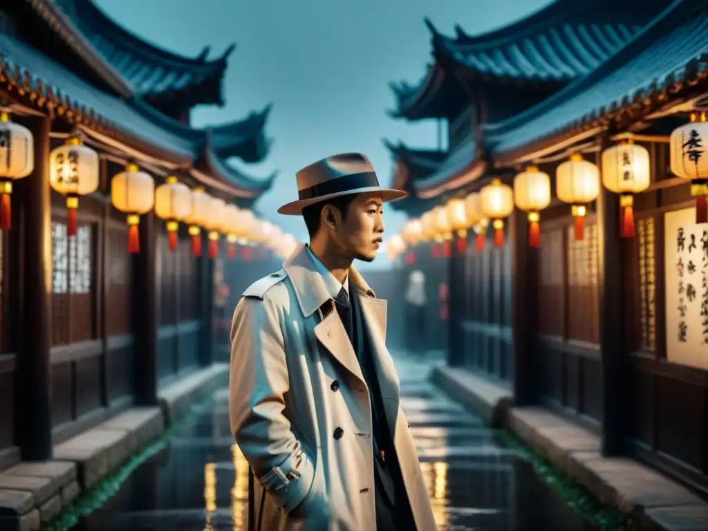 Detective misterioso en la antigua China: noir con enigmas Un detective misterioso en un oscuro escenario nocturno en China antigua, examina un pergamino con caracteres chinos