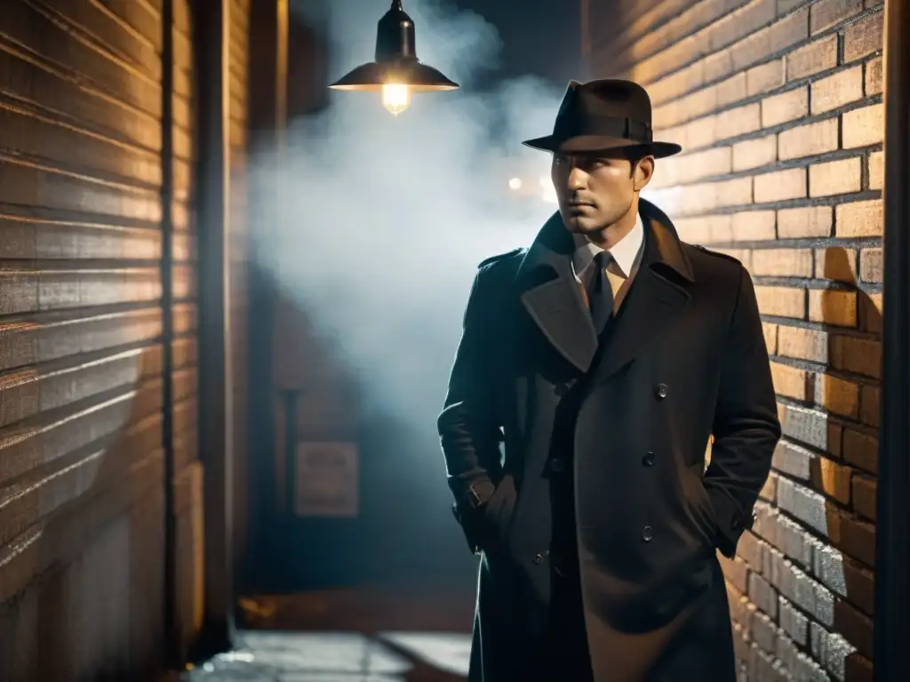 Detective misterioso bajo la luz de la noche: noir en blanco y negro Un detective misterioso examina una pista en un callejón nocturno, evocando la criminología en cine y televisión