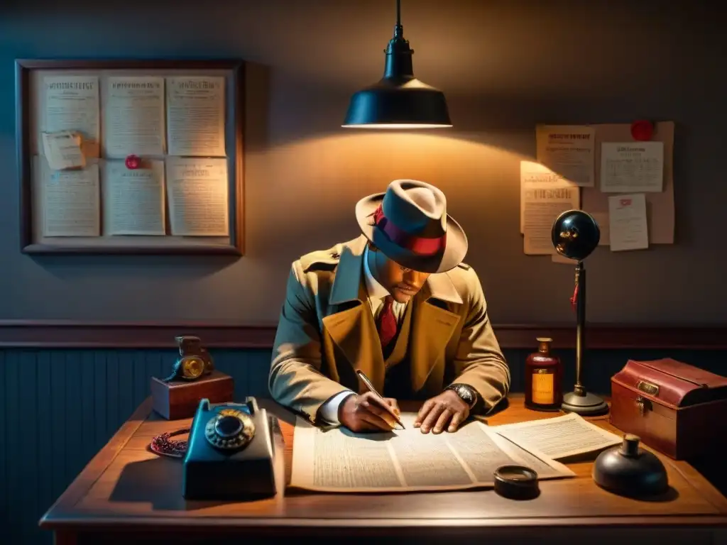Escena de detective llena de misterio y suspense Un detective misterioso examina pistas en una habitación llena de herramientas de investigación