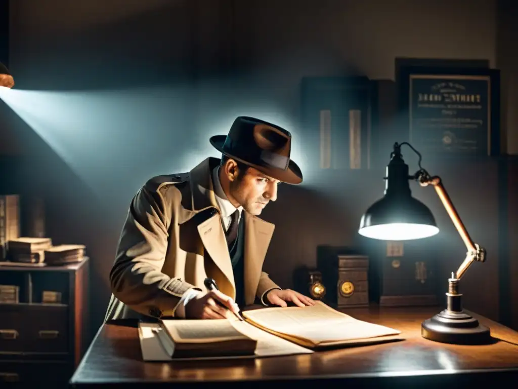 Un detective misterioso examina pistas en una habitación de película noir, capturando la esencia de los Escape Rooms detectives habilidades deductivas