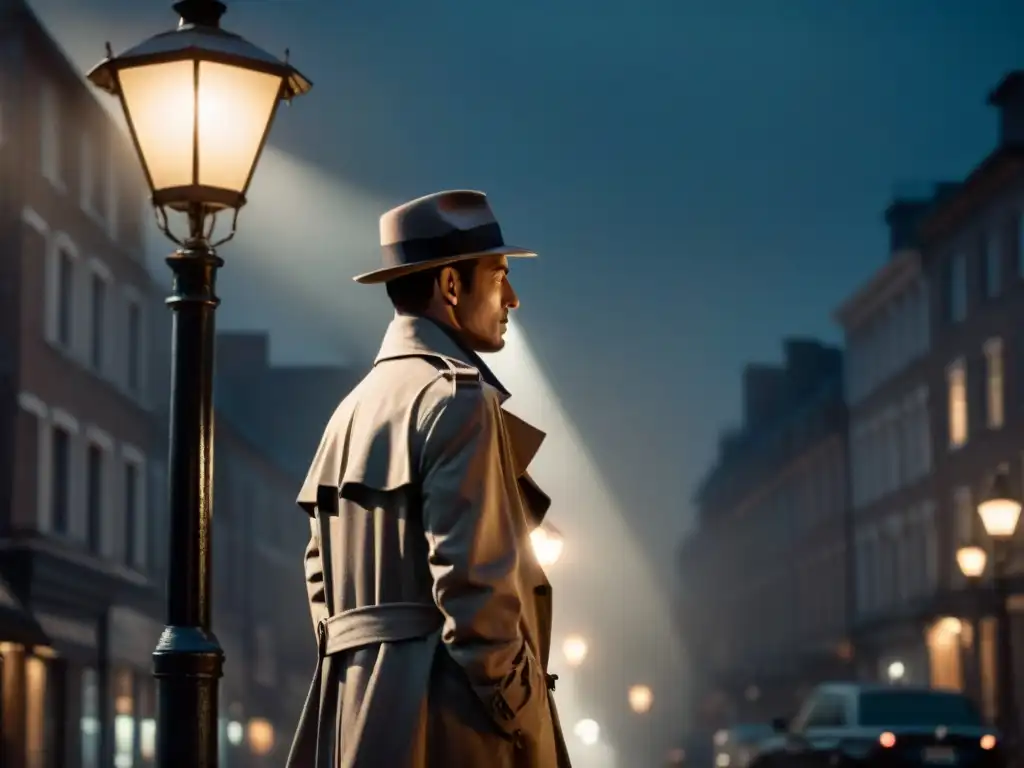 Un detective misterioso en un sombrero y abrigo largo bajo una farola en la lluvia nocturna, en blanco y negro en un ambiente de cine noir