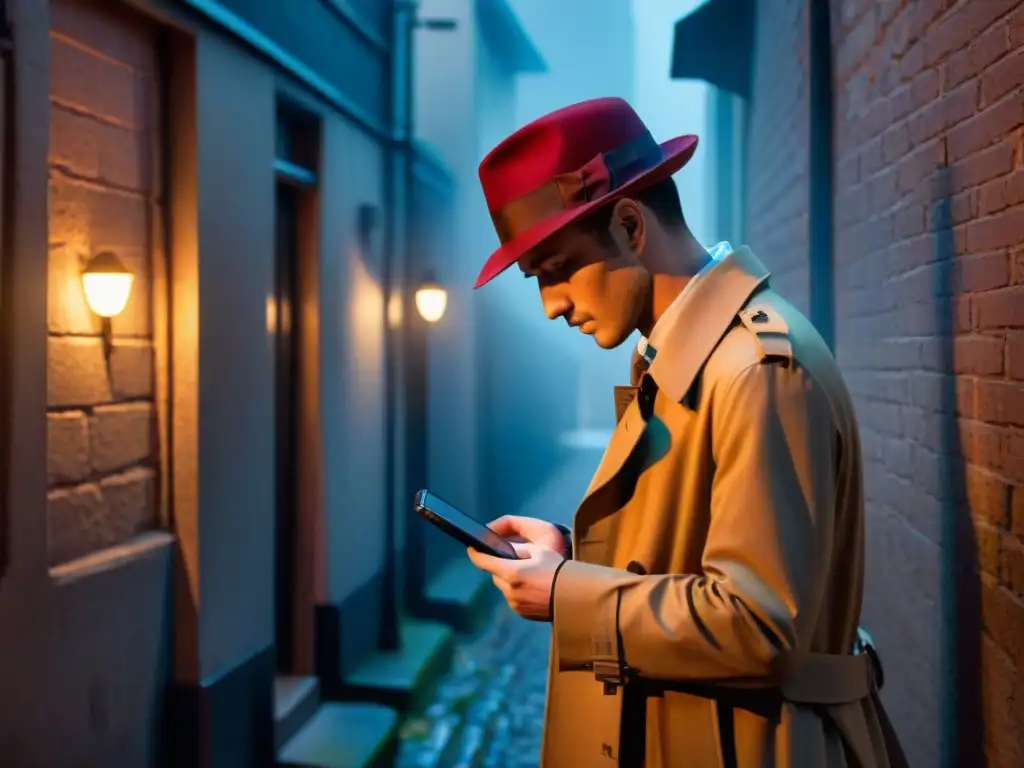 Detective moderno: misterio en la ciudad Detective moderno en callejón misterioso, usando tecnología para resolver casos