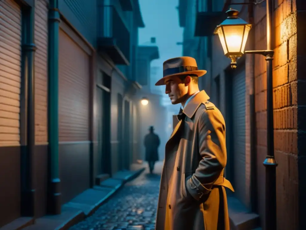 Detective moderno en callejón misterioso, bajo farola, fumando