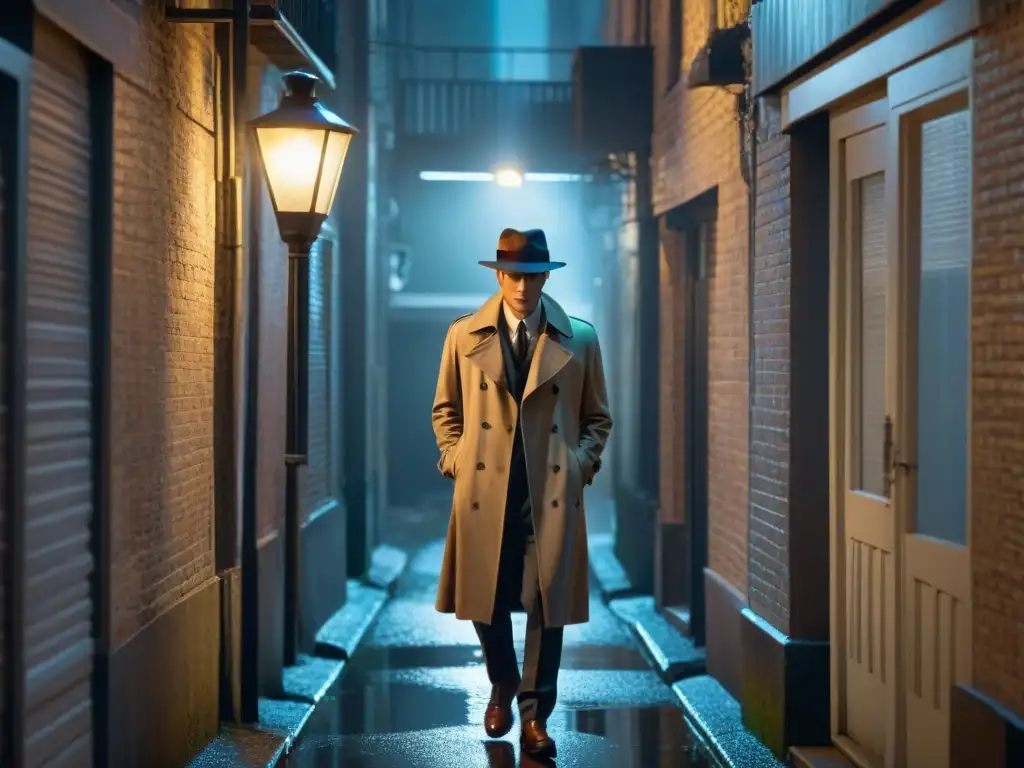 Un detective moderno en un callejón oscuro bajo la lluvia, usando Inteligencia Artificial para resolver casos, en escena de Film Noir