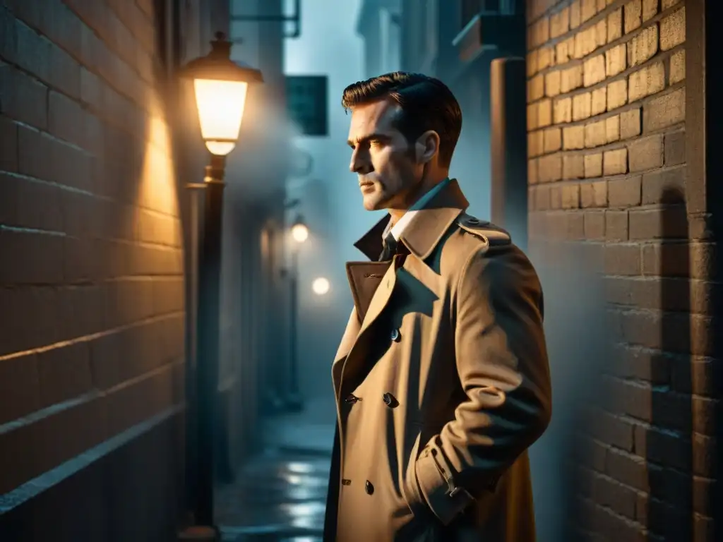 Un detective moderno en un callejón oscuro, iluminado por la luz de un farol y rodeado de niebla, usando un smartphone