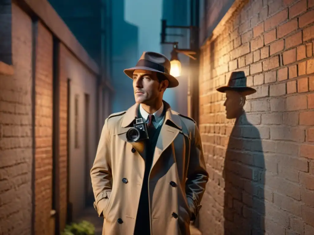 Un detective moderno en un callejón oscuro con elementos esenciales del detective moderno