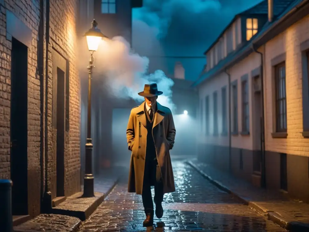 Un detective moderno en un callejón oscuro, iluminado por una farola, con una lupa y un cuaderno