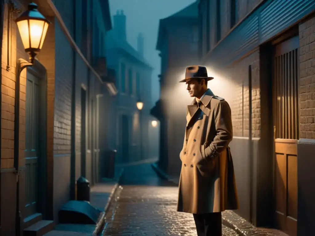 Detective moderno en callejón sombrío, examinando clave bajo farola