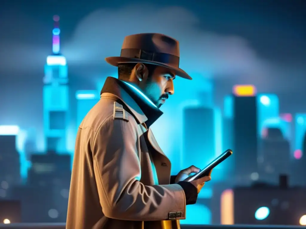 Misterio futurista: detective en la ciudad nocturna Un detective moderno en la ciudad futurista, fusionando noir con tecnología