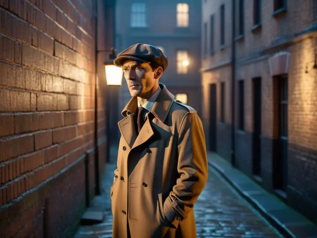 Detective moderno en callejón oscuro: Sherlock del siglo XXI Un detective moderno de Sherlock Holmes en un oscuro callejón, fusionando tecnología y clásico