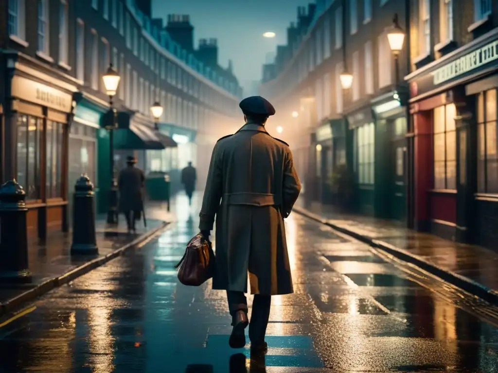 Un detective moderno de Londres, con sombrero de Sherlock Holmes, camina por la lluviosa calle iluminada por farolas