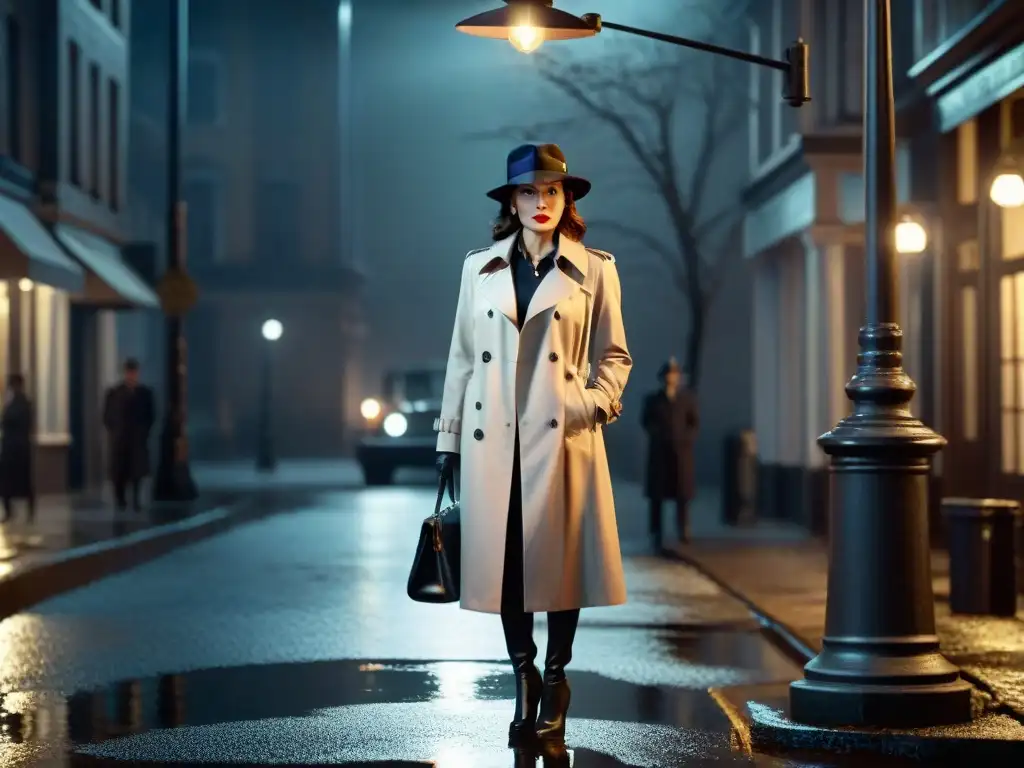 Detective mujer busca justicia bajo la lluvia en estilo Film Noir