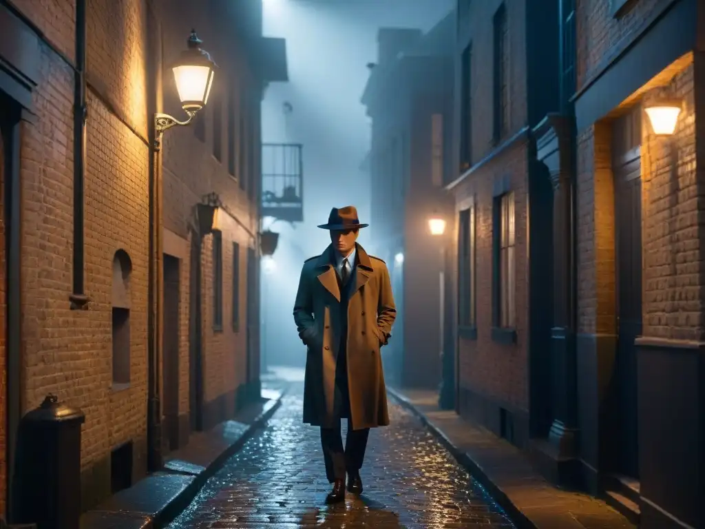 Un detective en la noche, en un callejón neblinoso, con sombrero y lupa, bajo la luz de una farola