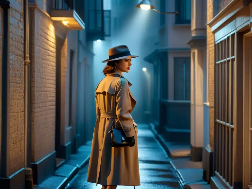 Una detective en la noche, con trench coat y fedora, en un callejón misterioso en blanco y negro