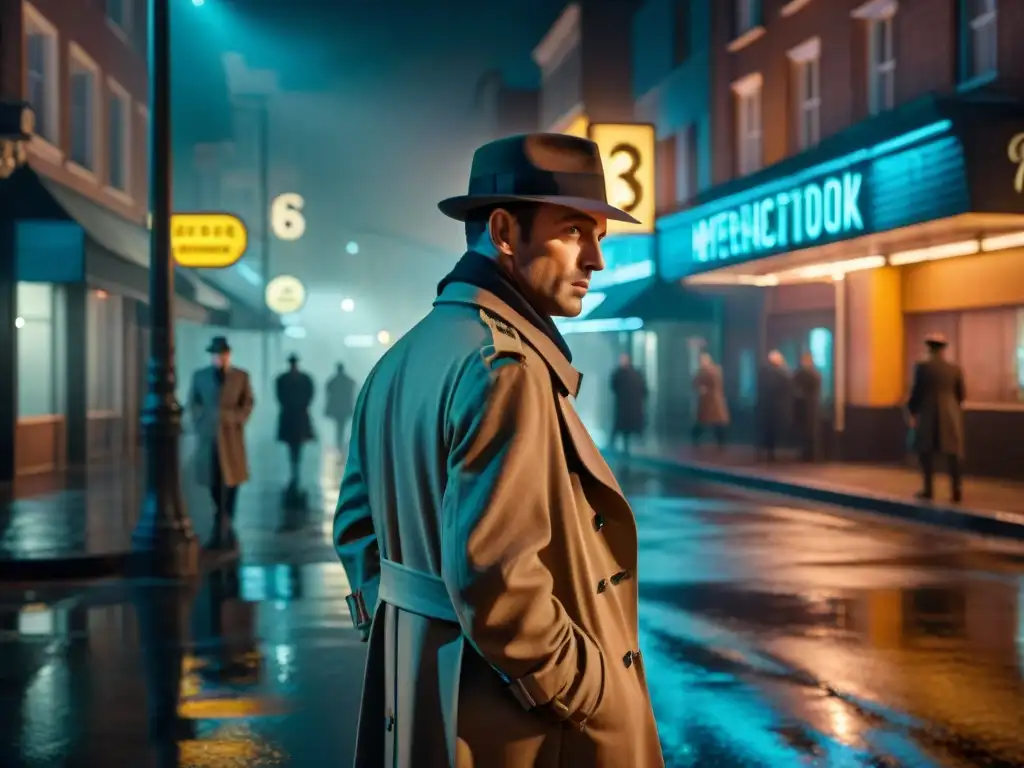 Un detective en la noche, iluminado por la luz de la farola