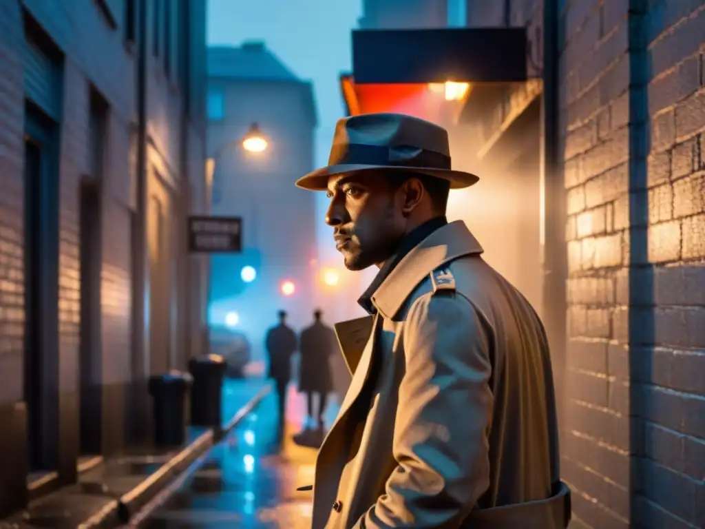 Detective en la noche lluviosa resolviendo casos en un oscuro callejón, influenciado por sombras y luces de colores