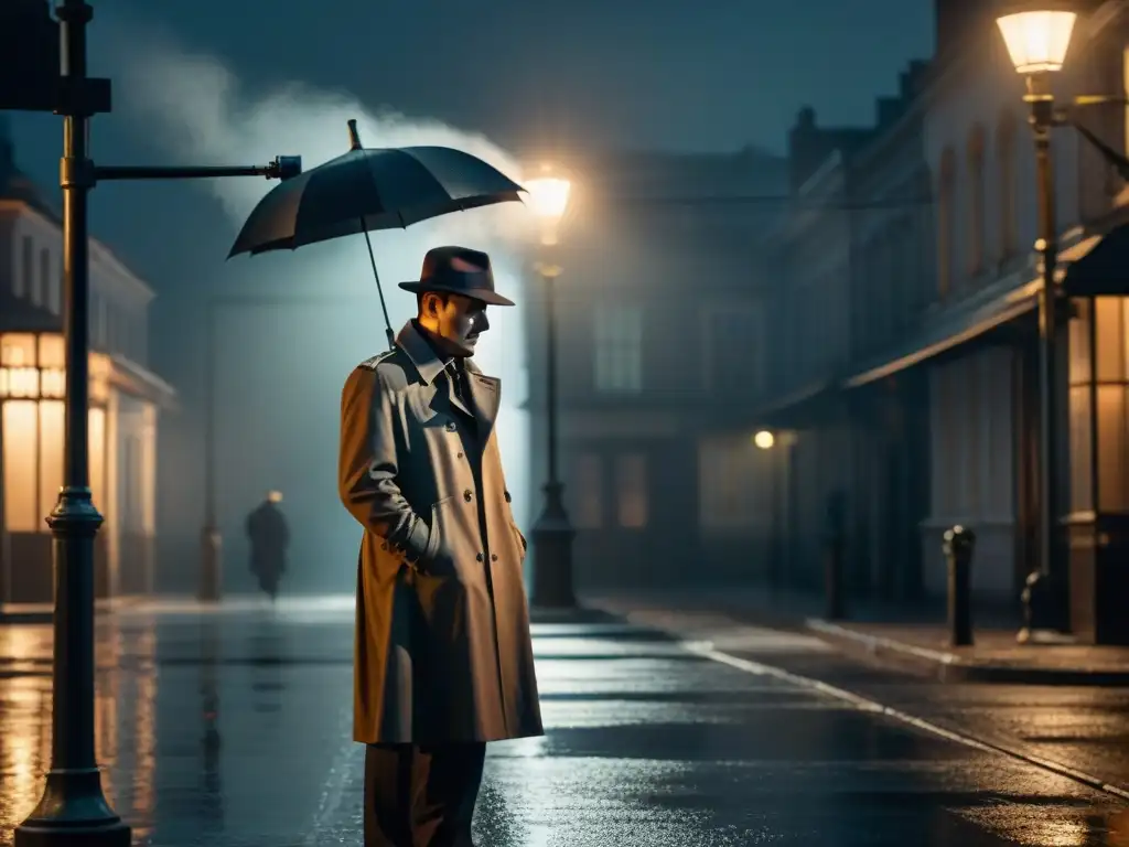 Detective en la noche lluviosa con magnifying glass