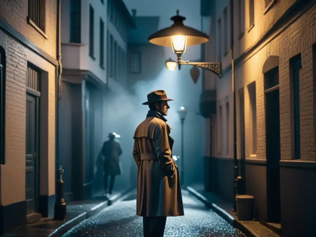 Un detective en la noche, bajo la luz de la farola en un callejón neblinoso