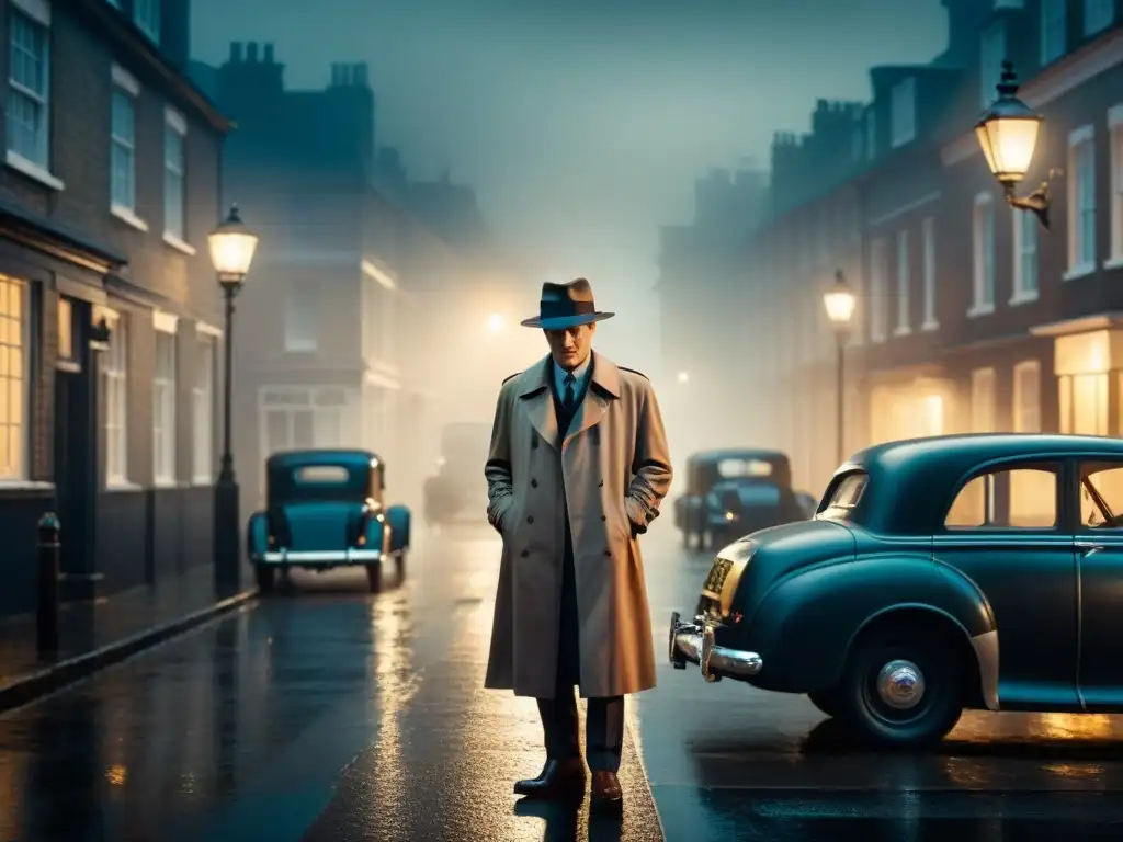 Un detective en la noche, bajo la luz de la farola, junto a un coche vintage