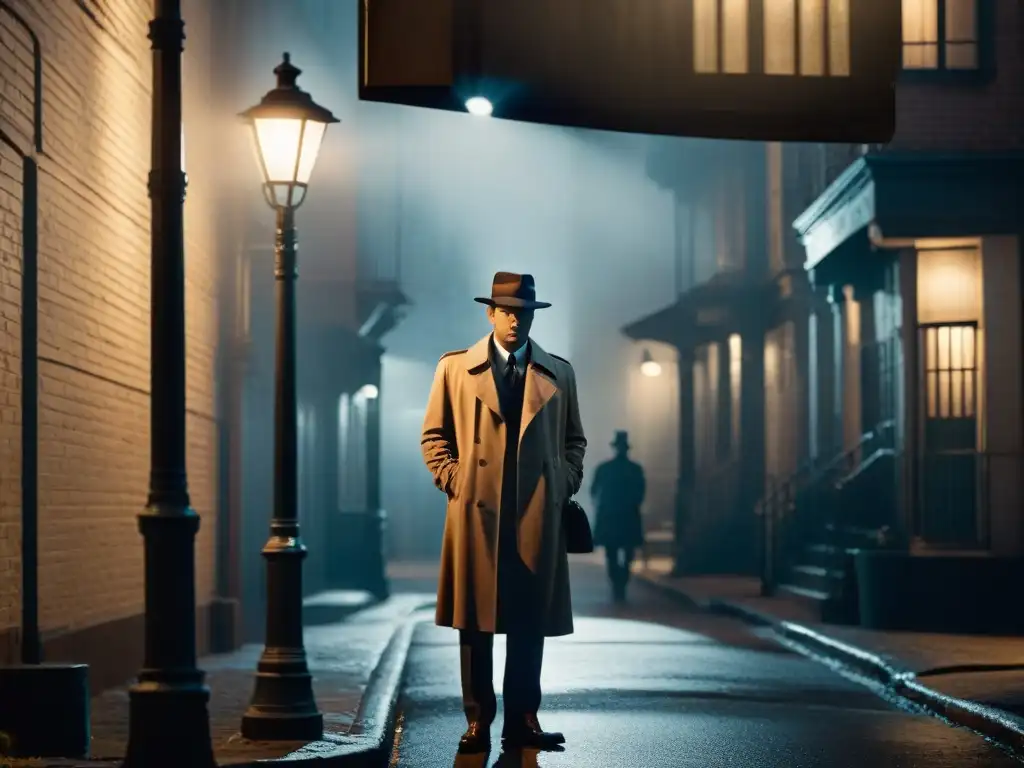 Detective en la sombra: Misterio bajo la luz de la calle Un detective en la noche, bajo la luz tenue de una farola, con misteriosas sombras y niebla