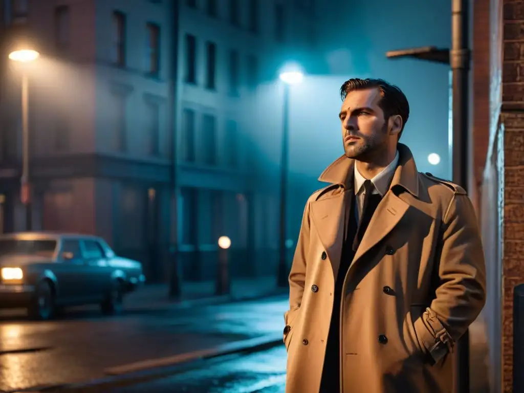 Un detective en la noche, con su mirada determinada bajo la luz de la farola