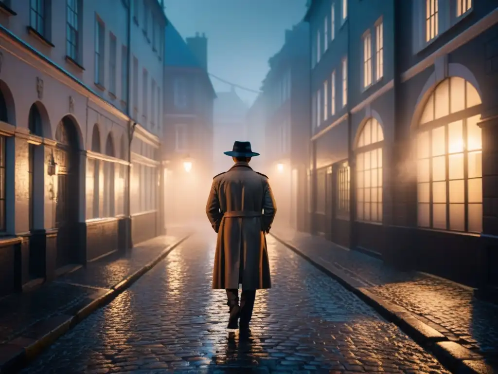 Misterioso detective nórdico en callejón sombrío Un detective nórdico en un callejón misterioso, bajo la luz de una farola, con un aura de suspense