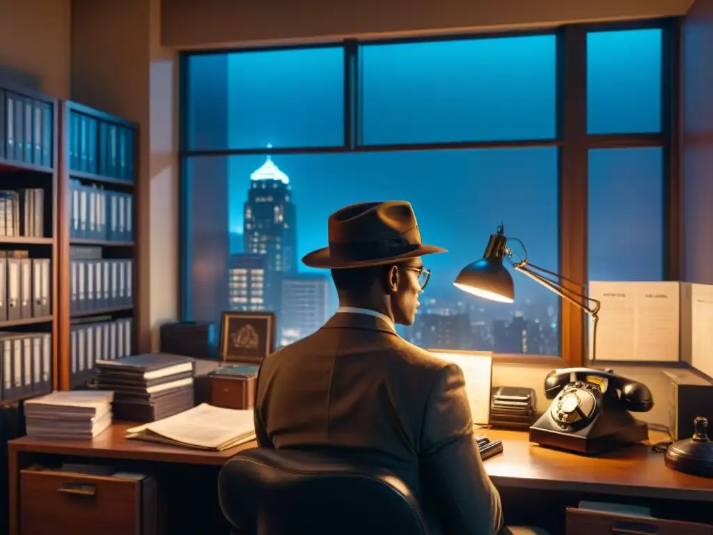 Un detective en su oficina a media luz, rodeado de archivos y un teléfono vintage, con vista a la ciudad de noche