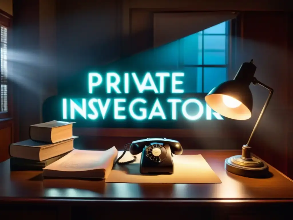 Un detective en su oficina, con sombras y misterio