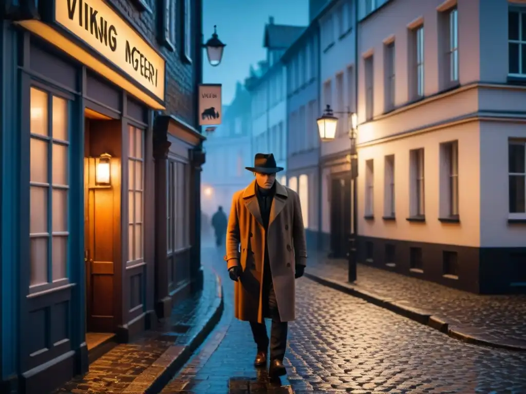 Noche de misterio en la ciudad escandinava: Agencia de Detectives Vikingos Un detective en una oscura y lluviosa calle escandinava, bajo el letrero de 'Viking Mysteries Detective Agency'