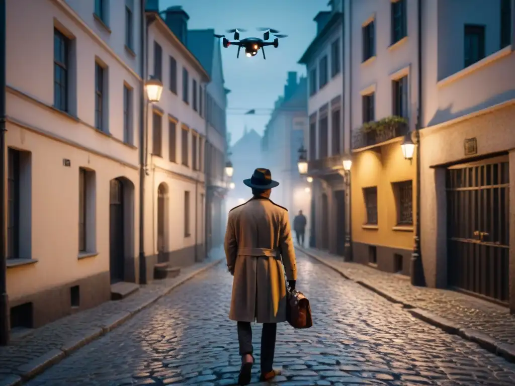 Un detective en la oscuridad de un callejón, junto a un dron, observando la ciudad nocturna