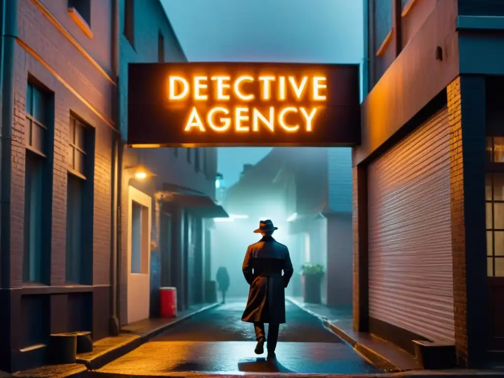 Un detective en la oscuridad de un callejón, bajo el letrero de 'Detective Agency', evocando la complejidad ética del cine noir