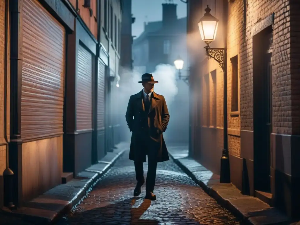 Un detective emerge de la oscuridad en un callejón nocturno, iluminado por una tenue farola