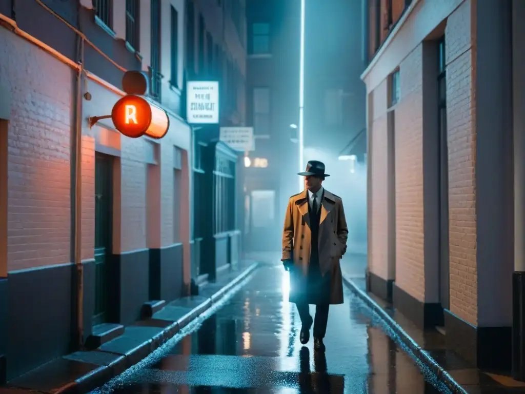 Misterio en la noche: detective en callejón oscuro Un detective en la oscuridad de una callejuela, bajo la luz de un letrero de 'Innovaciones tecnológicas en detectives en streaming', en blanco y negro