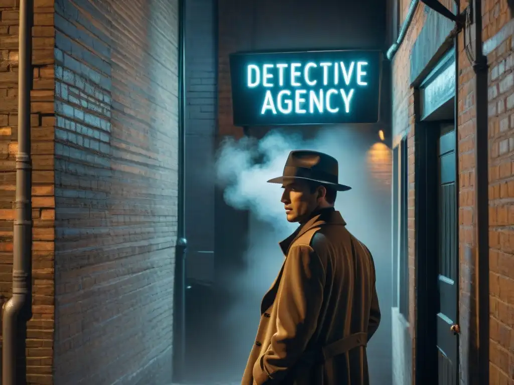 Un detective en la oscuridad, iluminado por un letrero de 'Detective Agency'