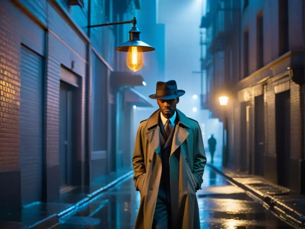 Un detective en la oscuridad de una metrópolis retrofuturista, bajo la lluvia y las luces de neón
