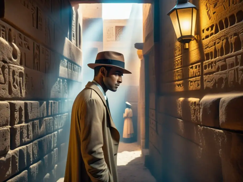 Un detective en un oscuro callejón del antiguo Egipto, iluminado por una tenue linterna