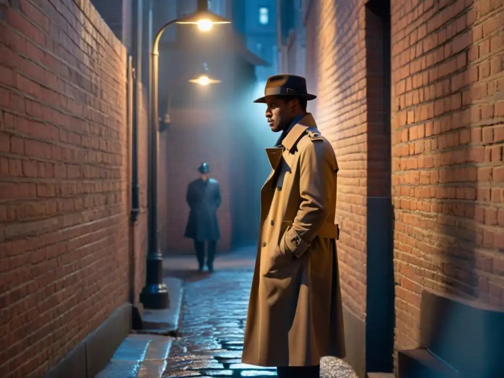 Un detective en un oscuro callejón de noche, examinando evidencia bajo una farola