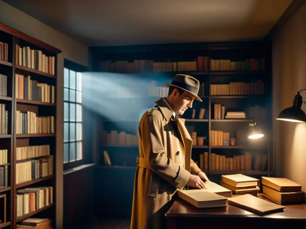 Detective en la penumbra: misterio y suspense Un detective en un oscuro despacho, iluminado por una lámpara mientras revisa archivos