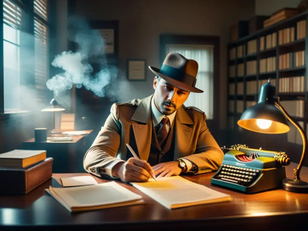 Noir administrativo: detective en oficina intrigante Un detective en un oscuro despacho, rodeado de papeleo, una máquina de escribir y una botella de whisky